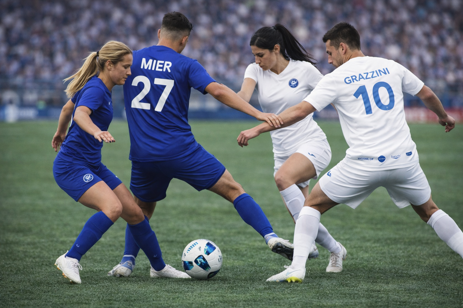 Mixed gender soccer players competing for ball control on a green turf field during a match.