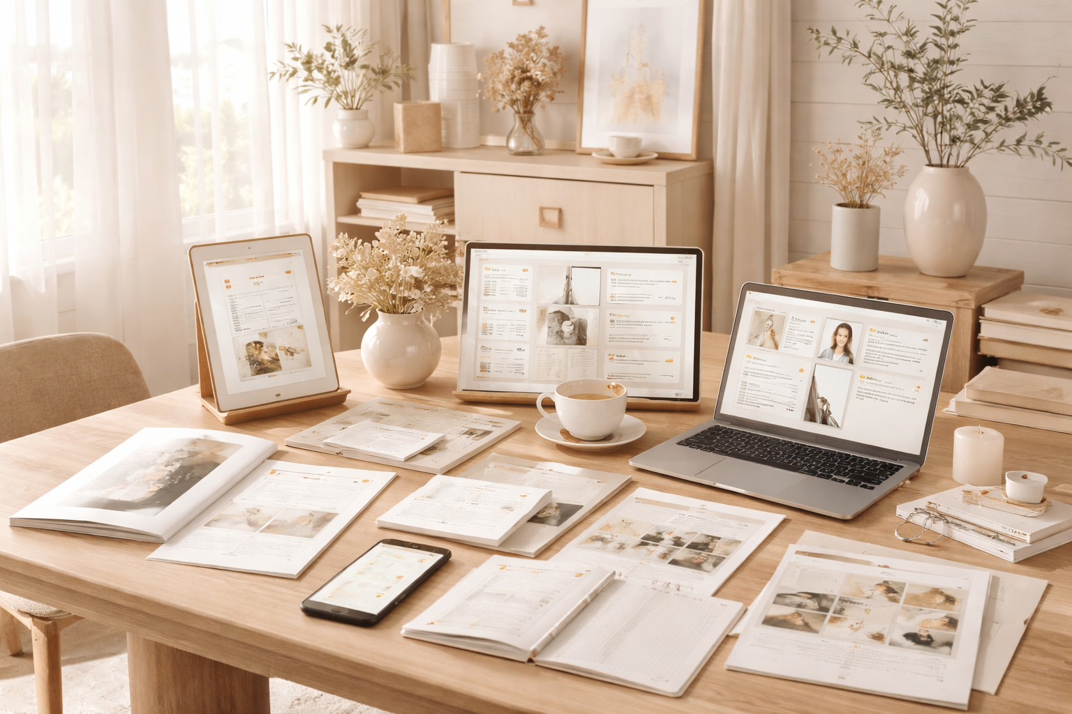 Espace de travail lumineux présentant différents produits digitaux Maison Orlanor, comme des planner