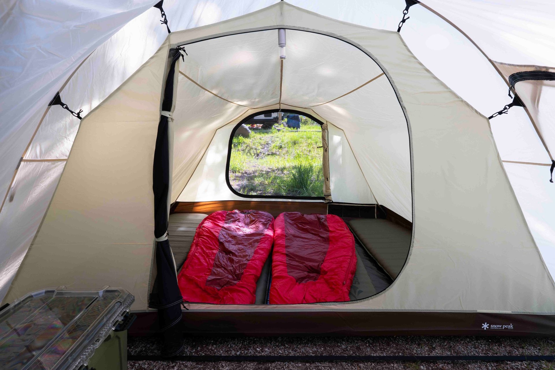 Inside Snow Peak Vault Tent With Red Sleeping Bags