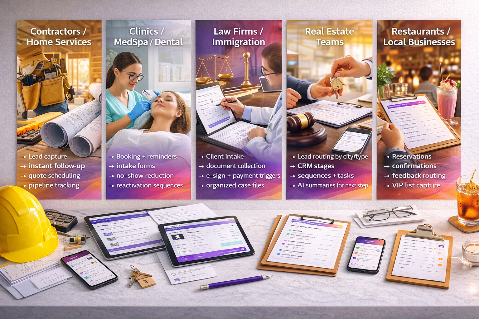 Business automation software dashboard for contractors, clinics, law firms, real estate teams, and restaurants.