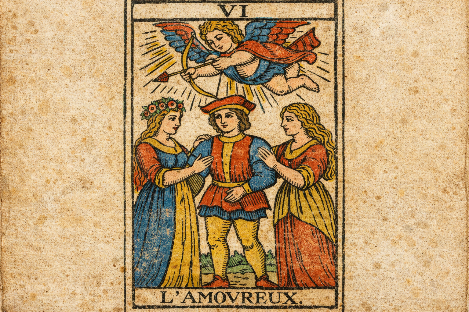 Carte L'Amoureux du Tarot de Marseille (XVIIe siècle) montrant un homme entre deux femmes et un ange