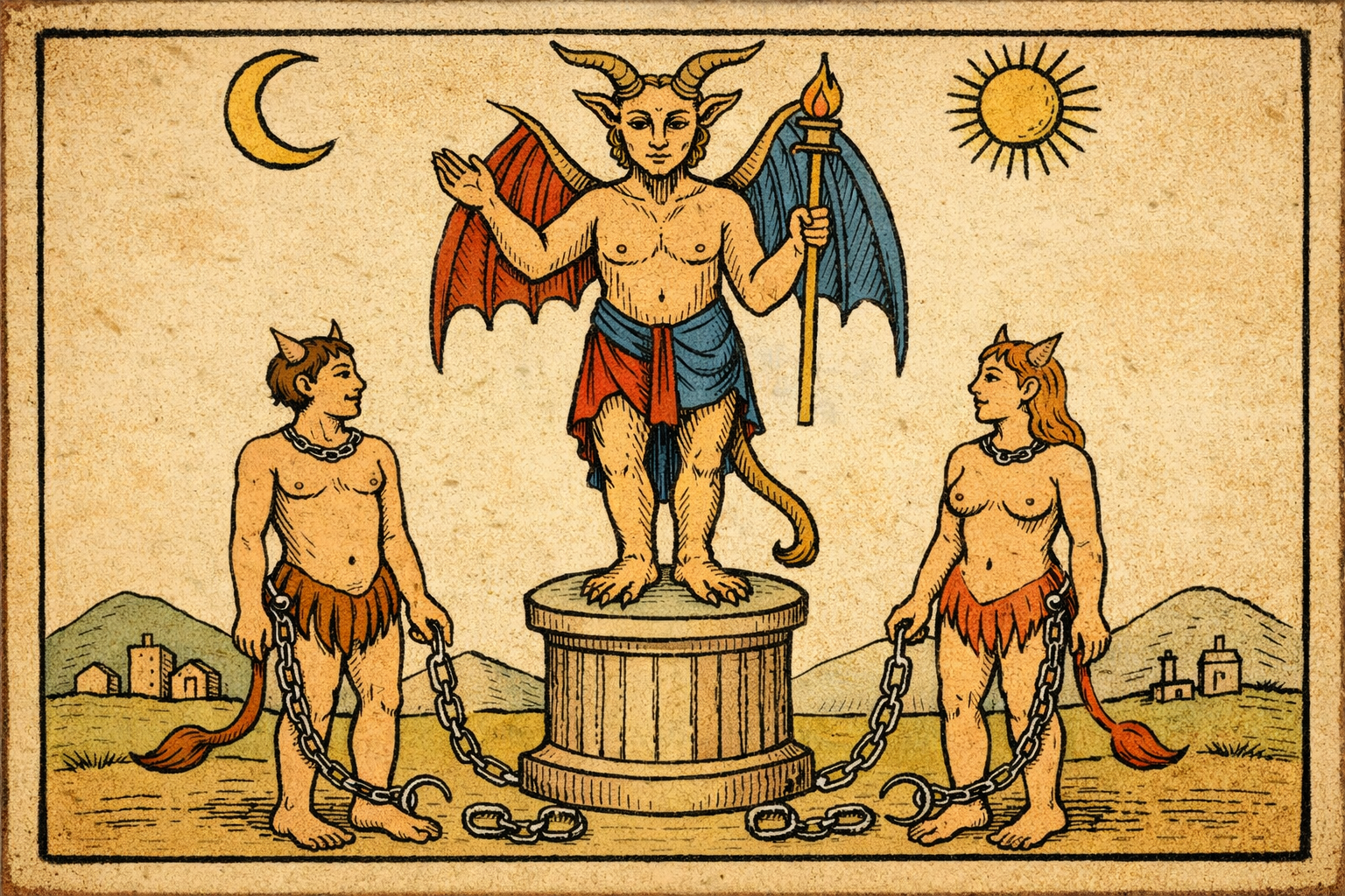 Carte du Diable du tarot de Marseille montrant deux personnages aux chaînes ouvertes