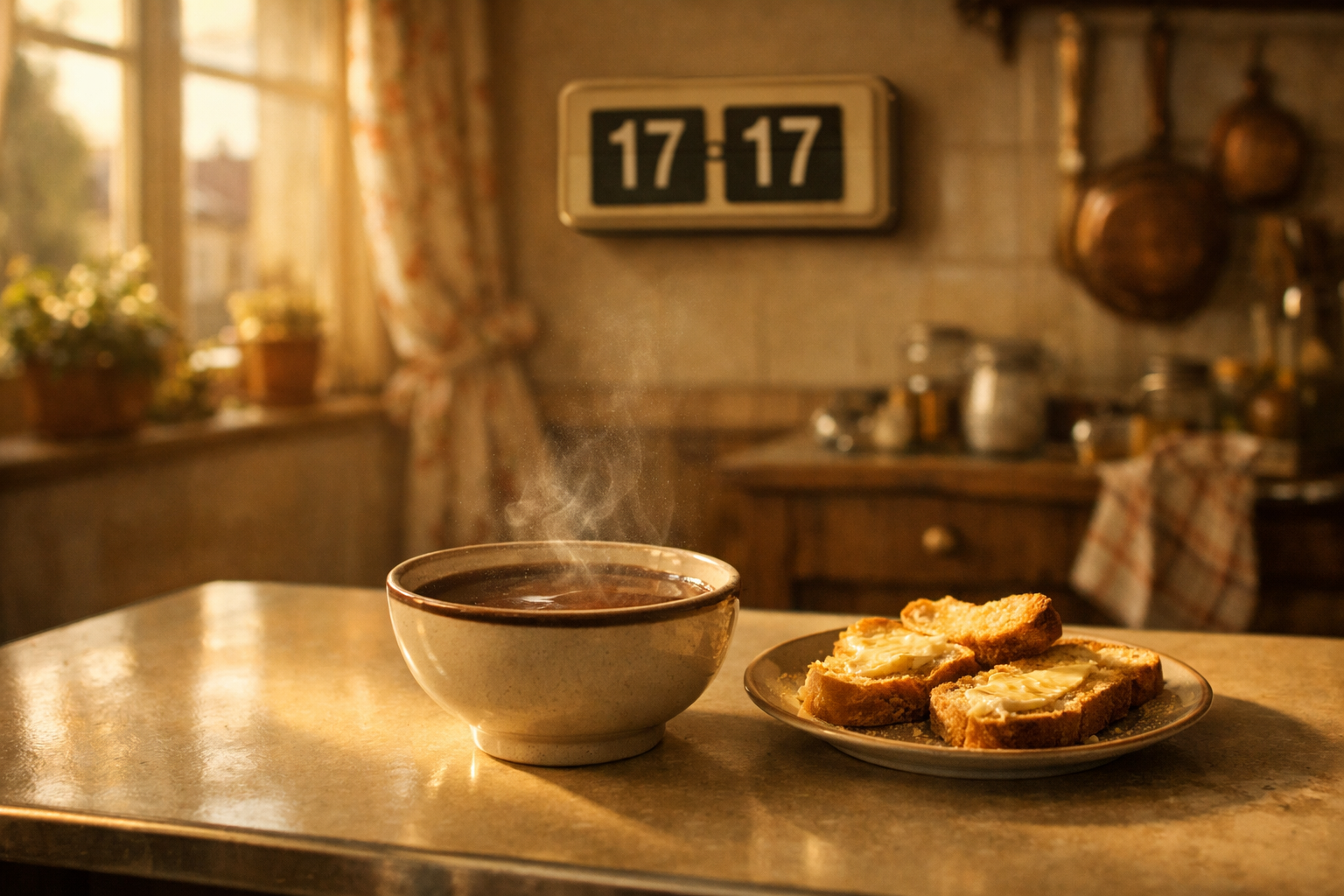 Horloge murale affichant 17h17 dans une cuisine française avec chocolat chaud et tartines