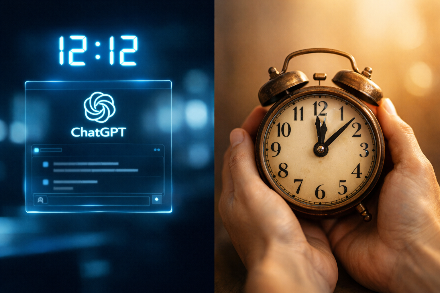 interface ChatGPT montrant 12h12 en bleu numérique contre mains tenant horloge analogique 12h12