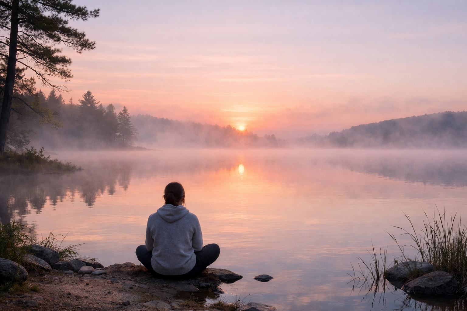 Personne en meditation au bord de l'eau au lever du soleil pour développer son intuition