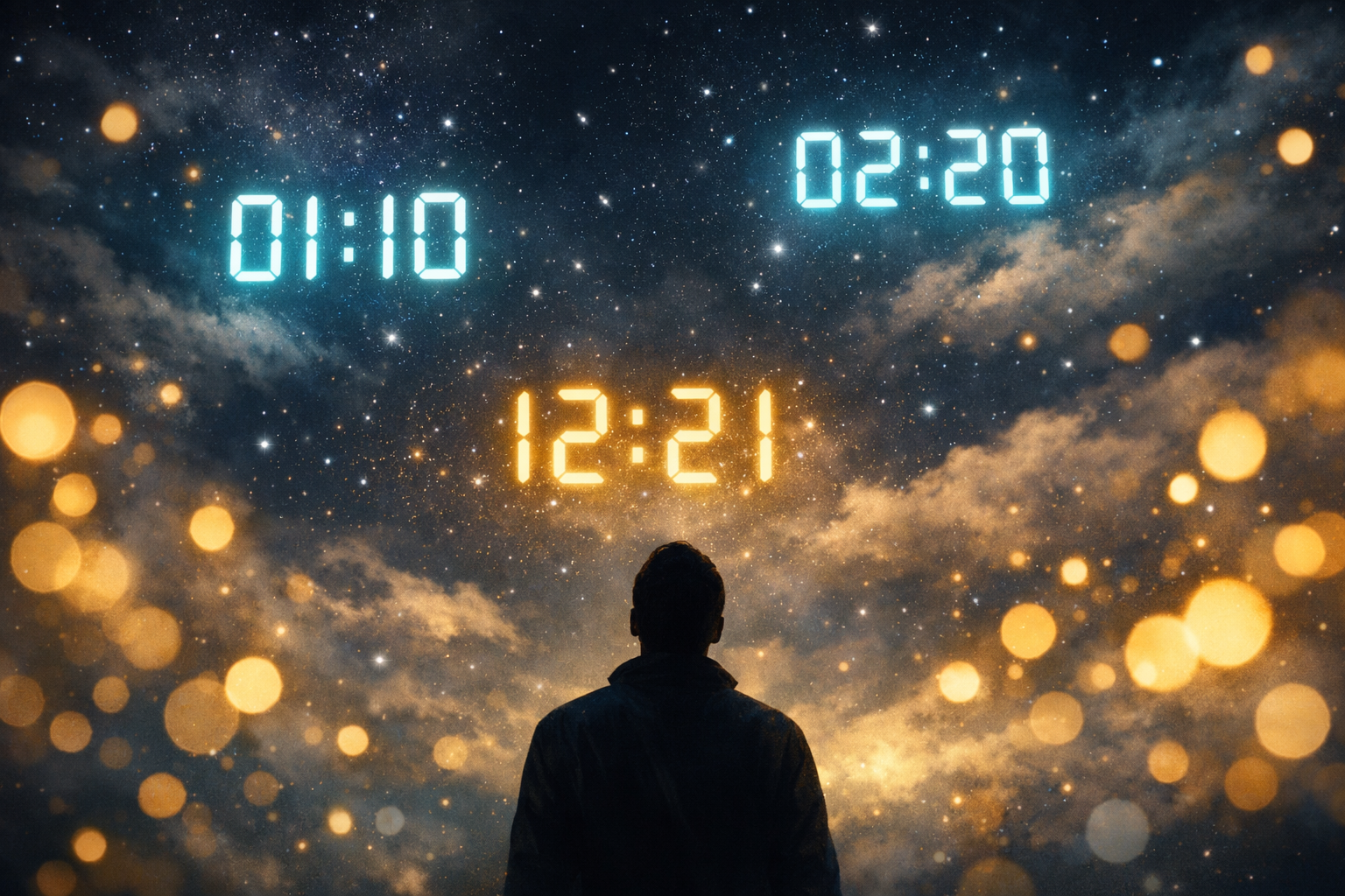 Heures miroir 01h10 02h20 12h21 dans un ciel nocturne étoilé
