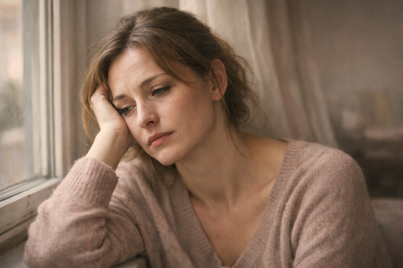 Femme fatiguée émotionnellement près d'une fenêtre, tête appuyée sur sa main