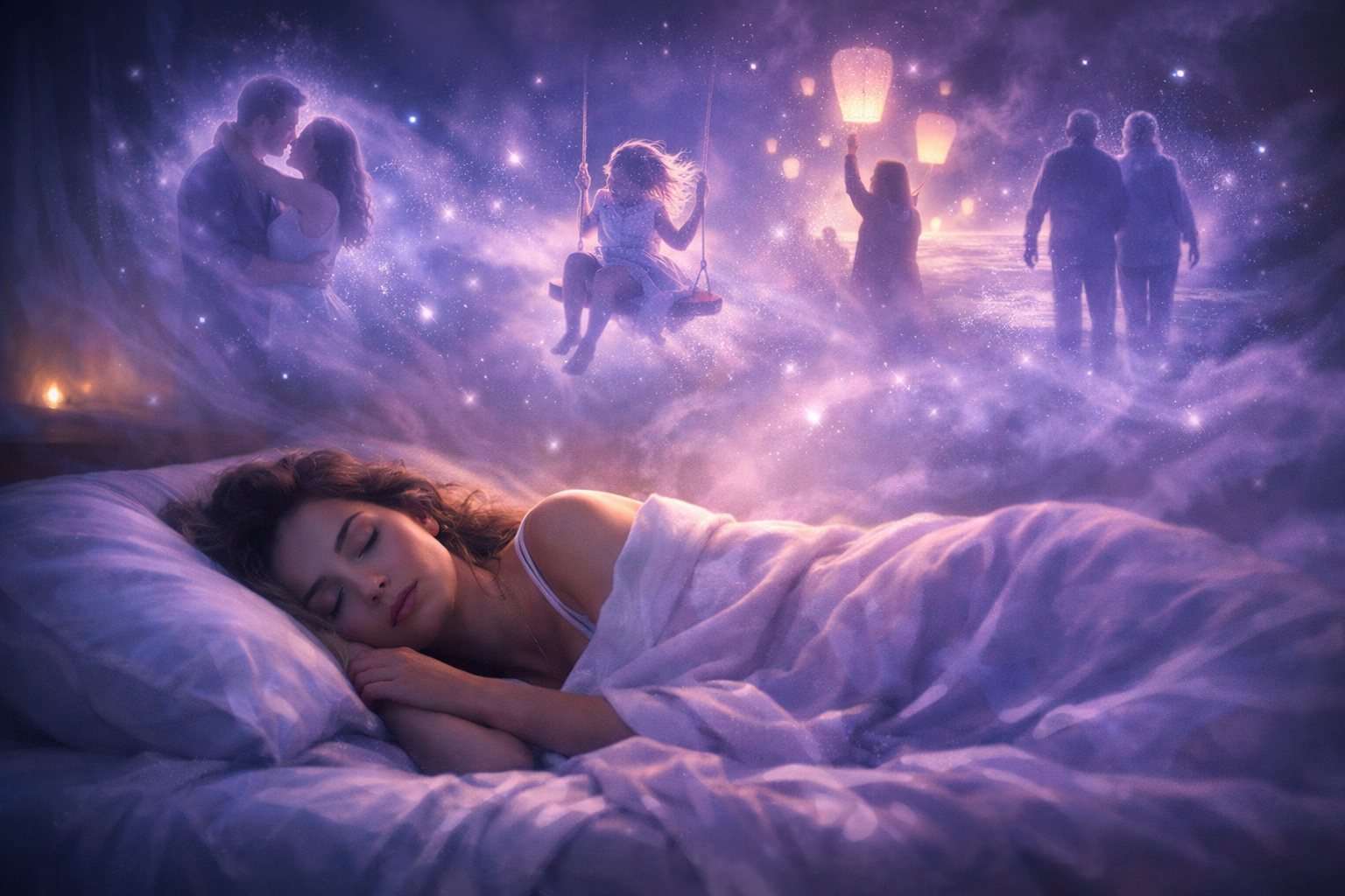 Rêver de son ex : femme endormie entourée d'énergie spirituelle
