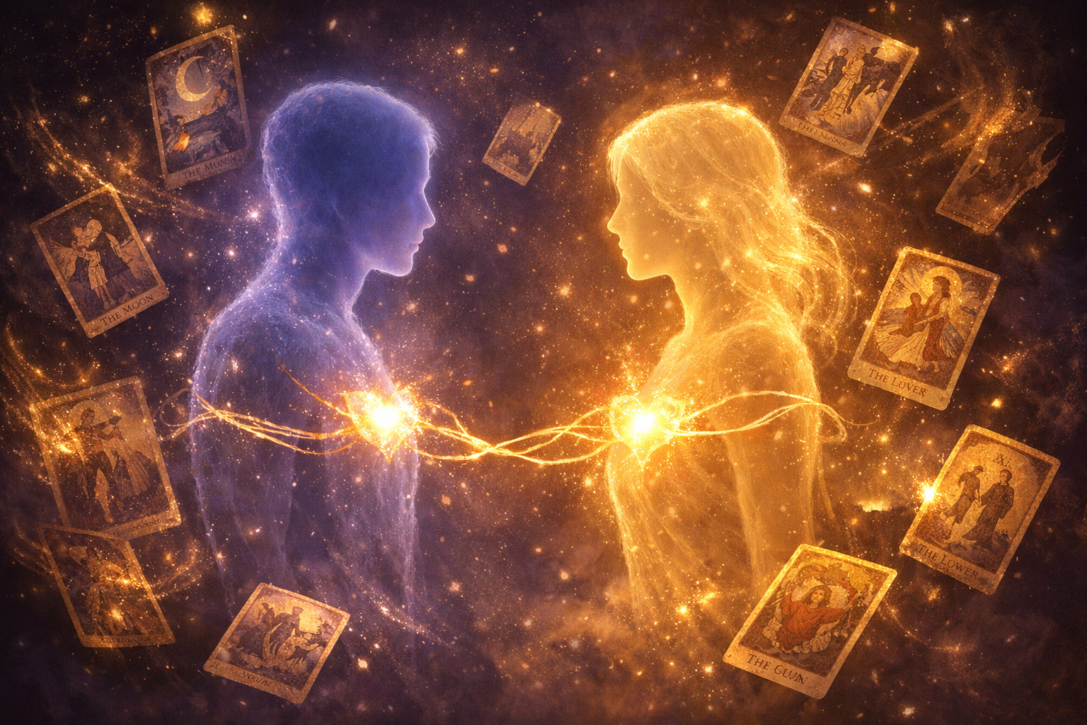 Deux silhouettes reliées par un fil de lumière, entourées de cartes de tarot