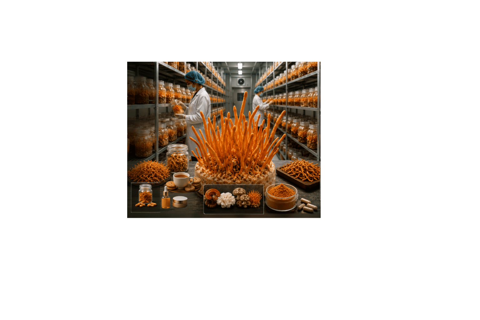Researchers cultivating cordyceps militaris mushrooms and extracts in a high-tech laboratory facility.