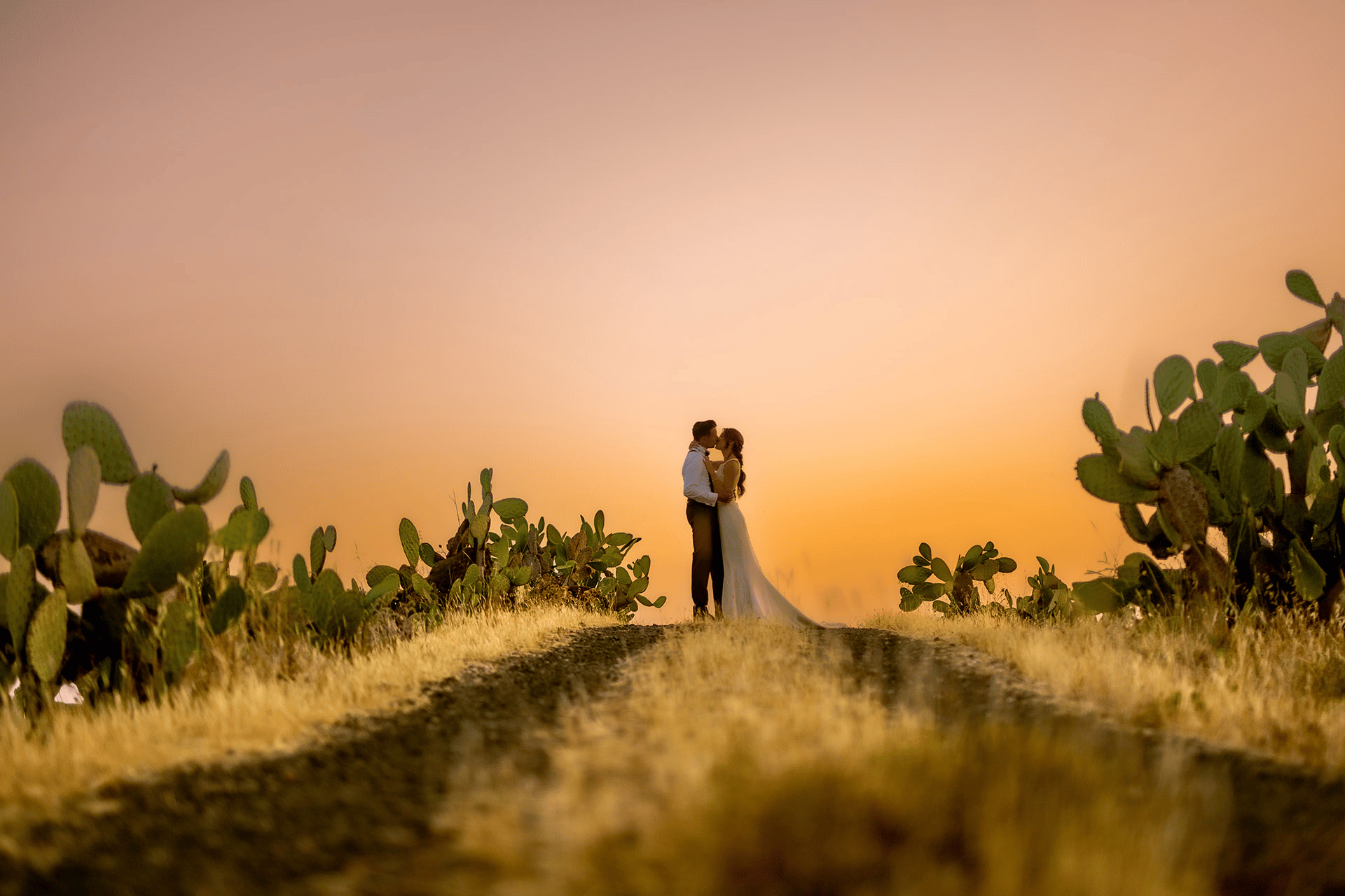 sposi che si baciano al tramonto in un paesaggio di Ragusa