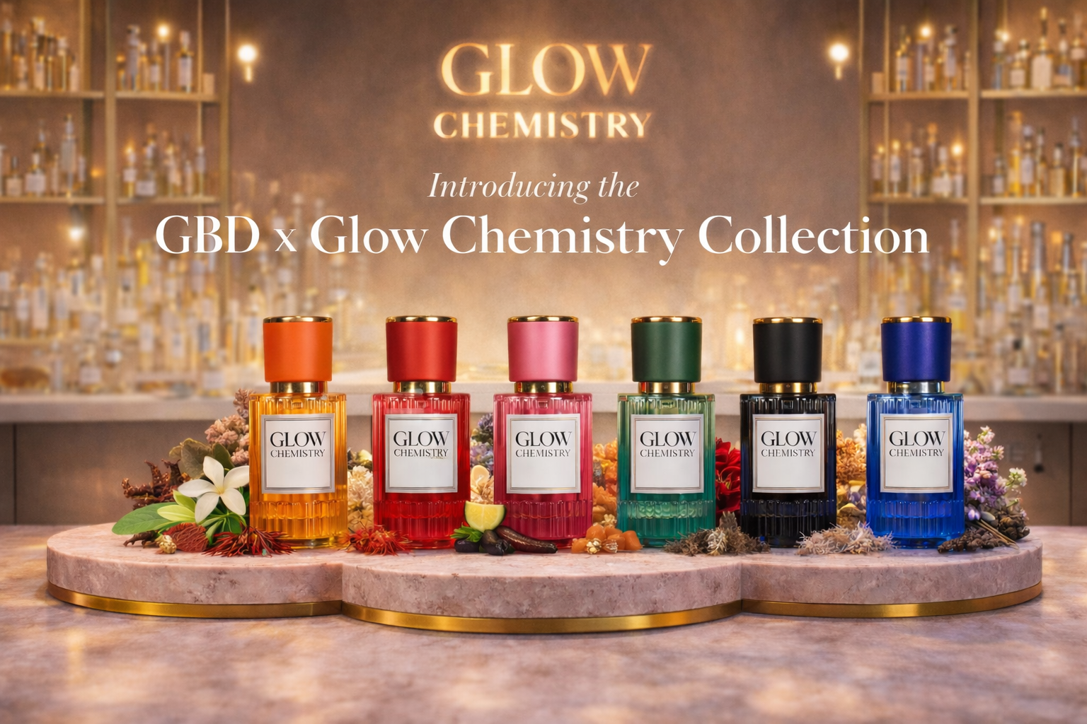 Glow Chemistry luxury inspired by collection showcased in a fragrance lab