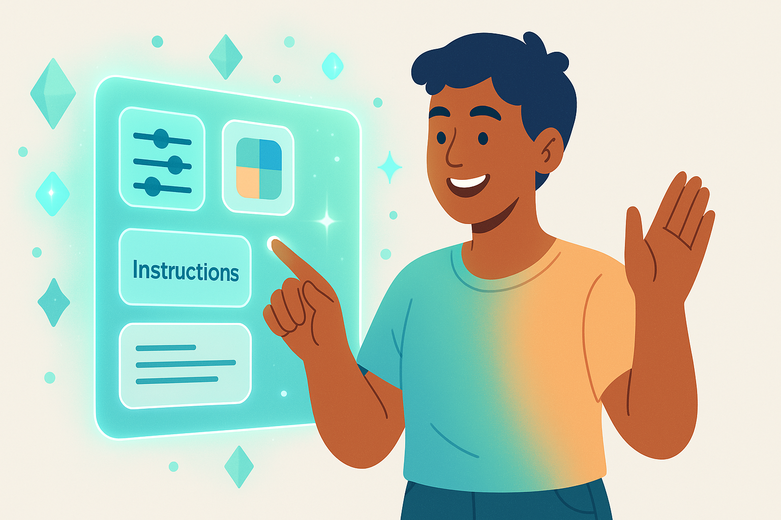 Persona sonriente interactuando fácilmente con una interfaz digital para crear su asistente de IA.