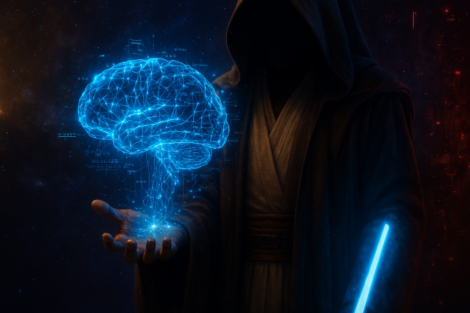 Cerebro holográfico con redes neuronales flotando sobre mano de Jedi .