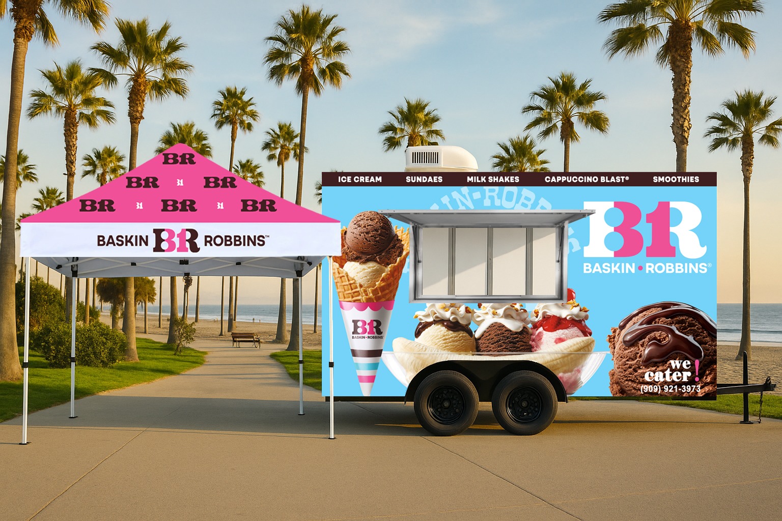 BR Sweet Events ice cream trailer on the beach with a canopy setup
