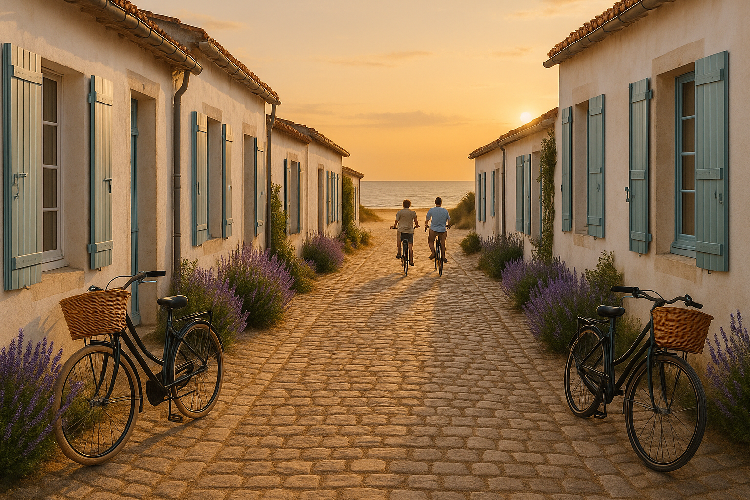 Coastal village on Île de Ré, France, with whitewashed cottages, pastel-blue shutters, cobblestone streets, parked bicycles, 