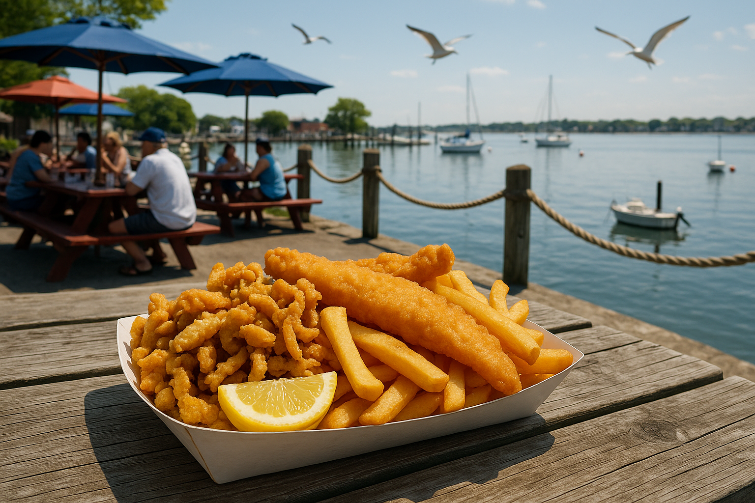 Fried seafood platter with clams, fish fillets, and fries served on a wooden table by the water at City Island in the Bronx, 