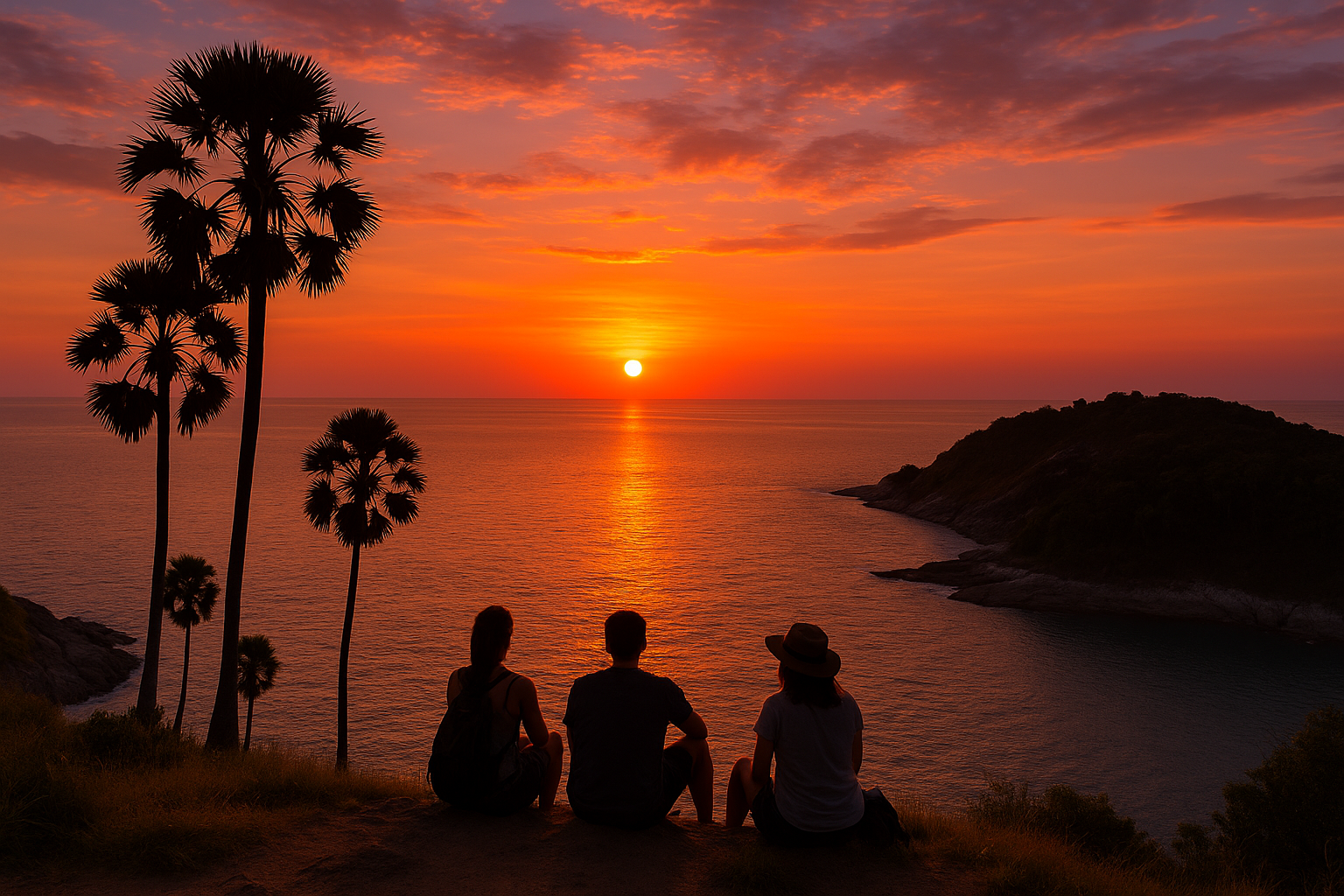 Sunset at Promthep Cape in Phuket with vibrant sky colors, ocean views, and silhouetted palm trees along the rocky coastline