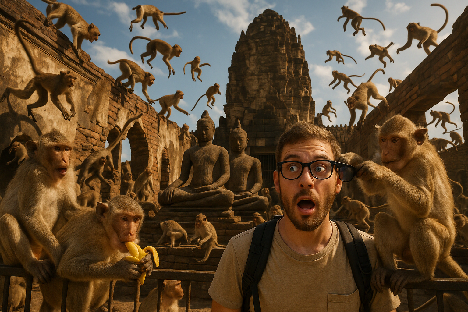 Playful monkeys climbing over ancient temple ruins in Lopburi, Thailand, with tourists watching and interacting in the lively