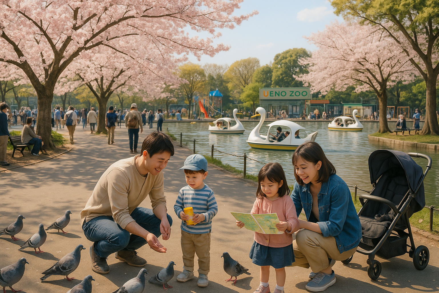 Family with young children enjoying cherry blossoms at Ueno Park in Tokyo, with a stroller nearby and kids watching swan boat