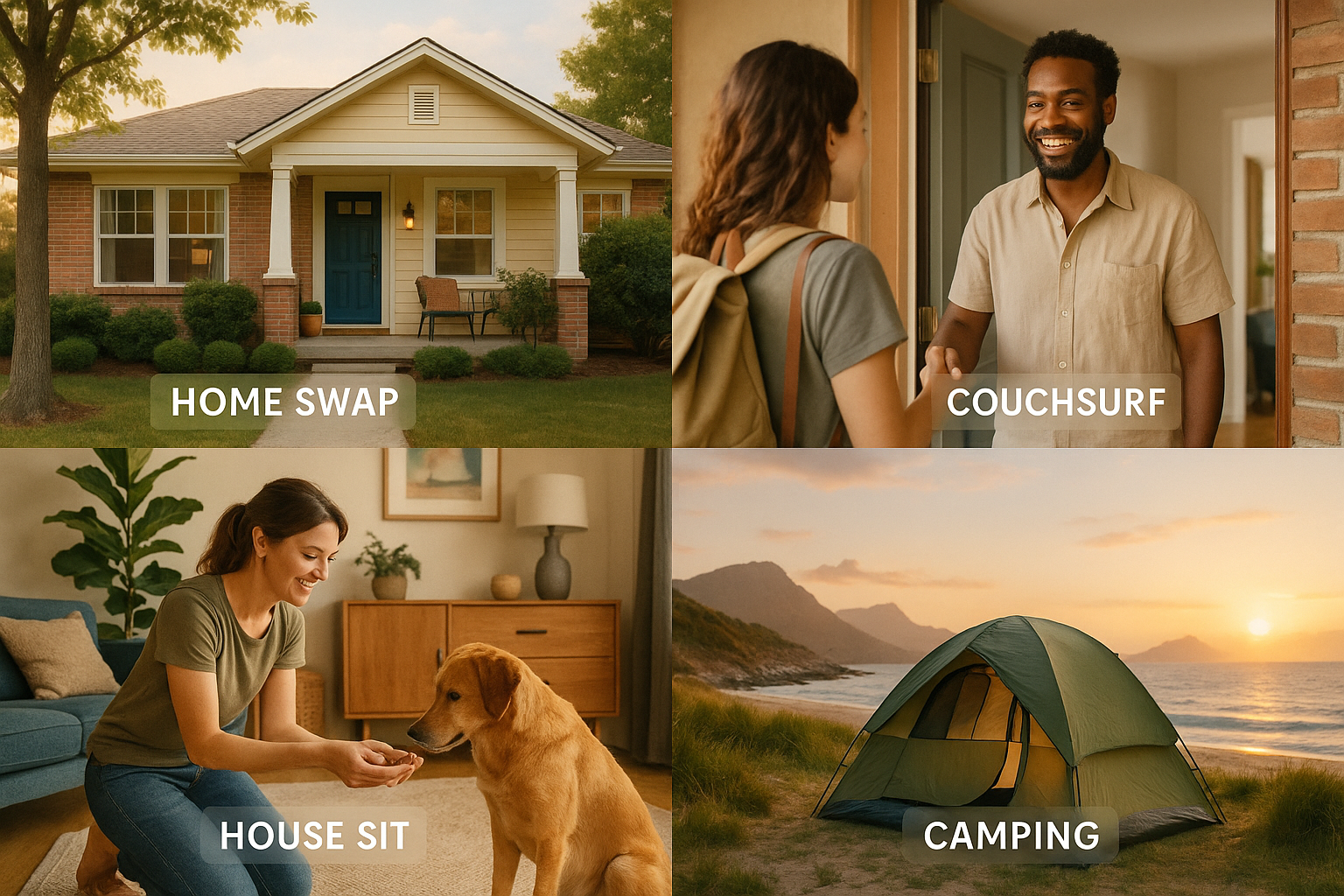 Alternative cheap accommodations including home swapping, Couchsurfing, house sitting, and camping for budget travelers