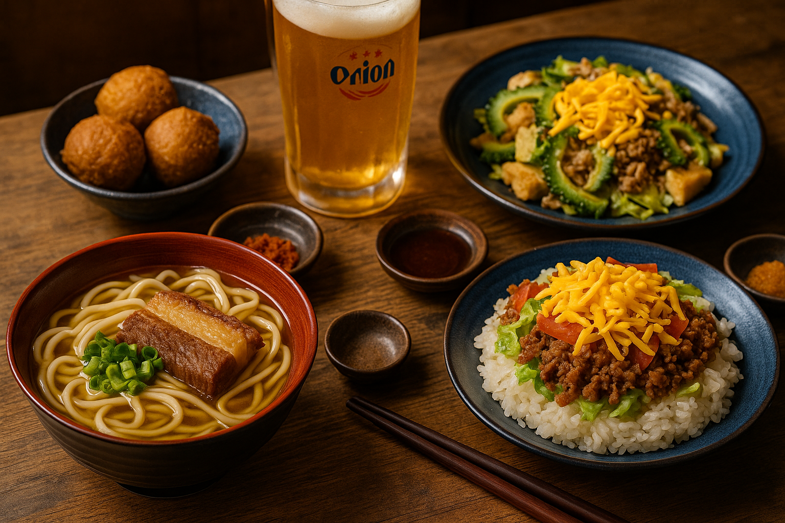 Traditional Okinawan dishes with soba, taco rice, goya champuru, sata andagi, and Orion beer on a wooden table.