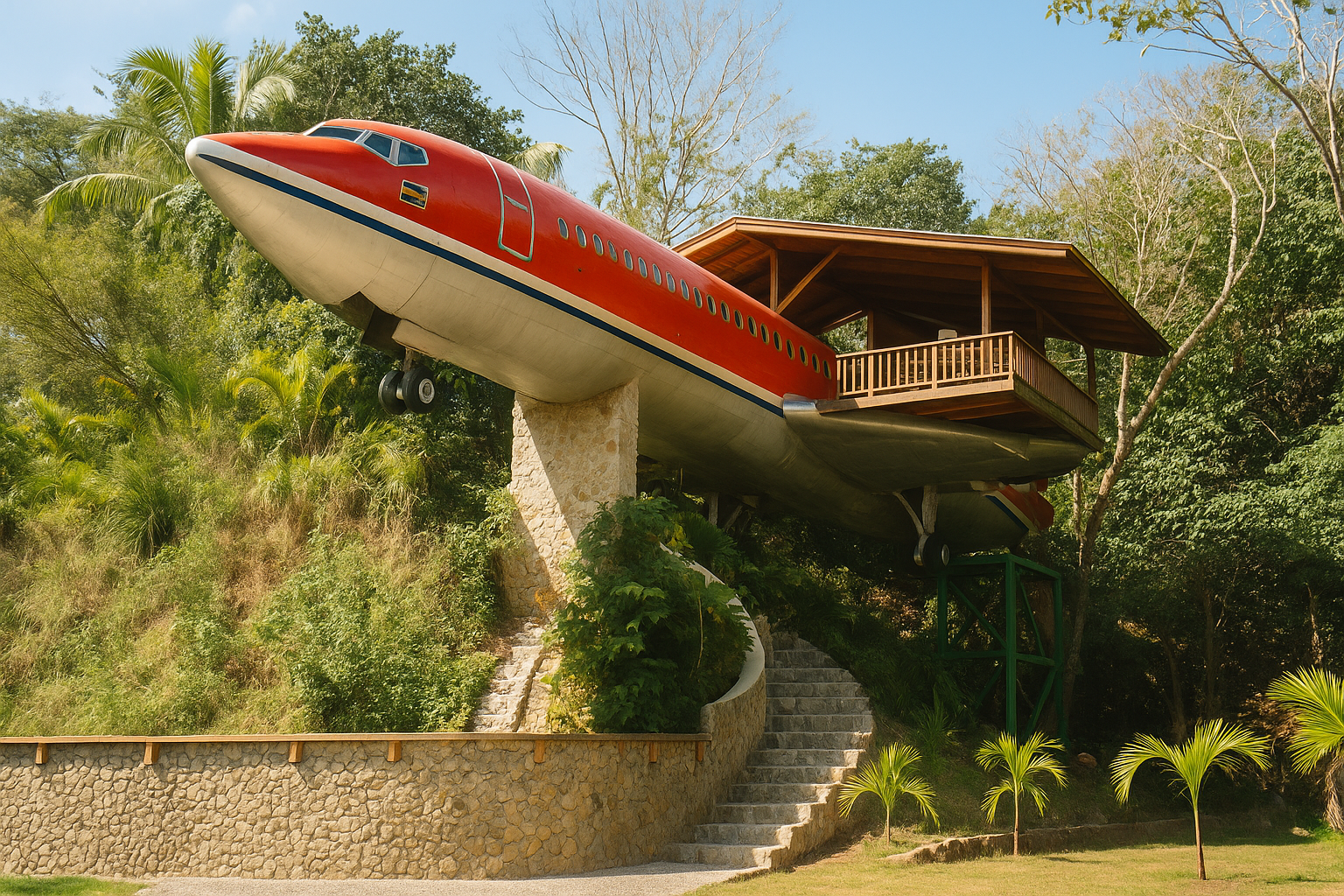 image of a repurposed red airplane converted into a hotel suite, perched on a stone platform above a tropical jungle hillside