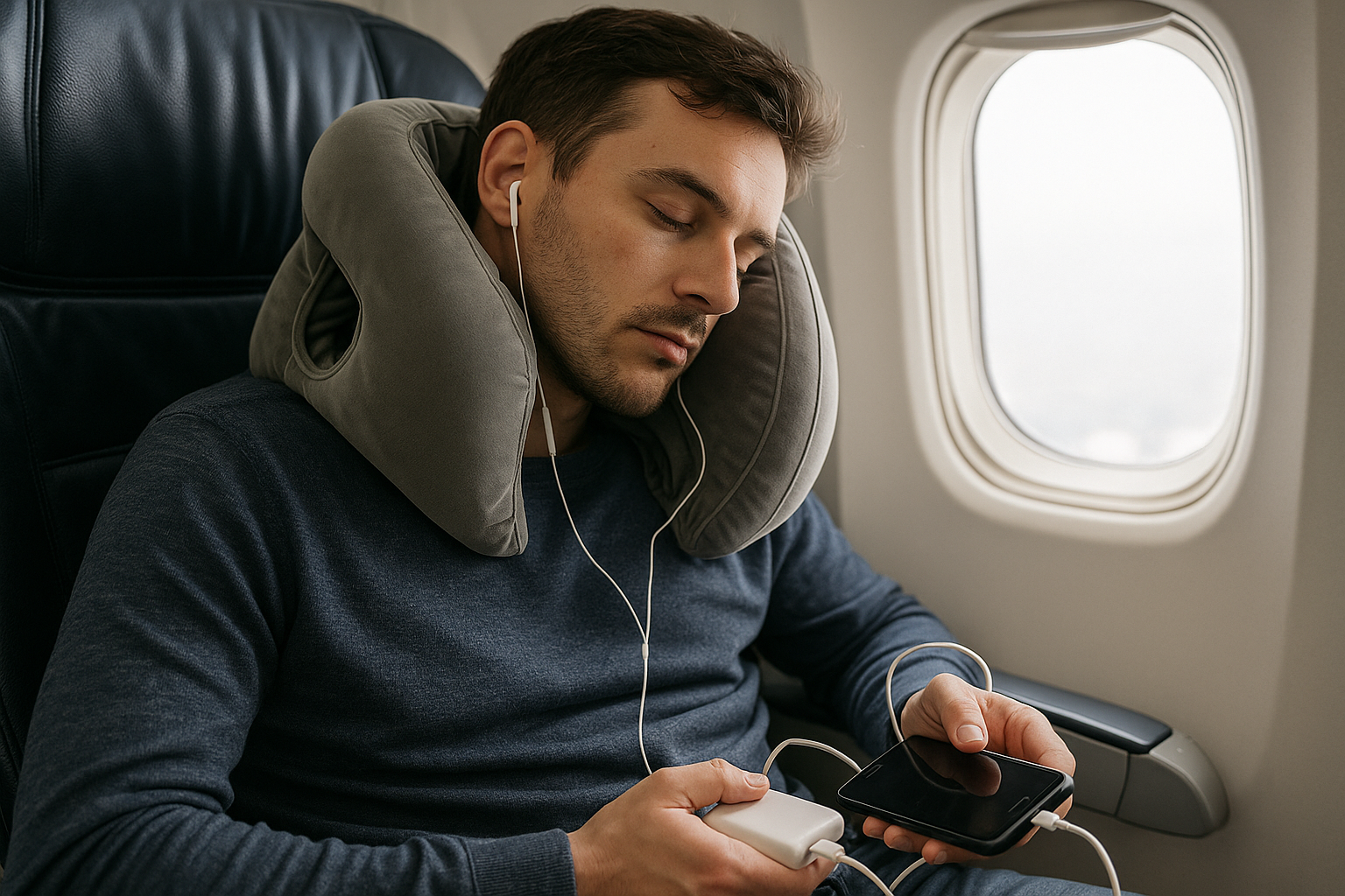 A young woman standing on a scenic hillside overlooking a coastal European village, smiling while holding a U.S. passport and
