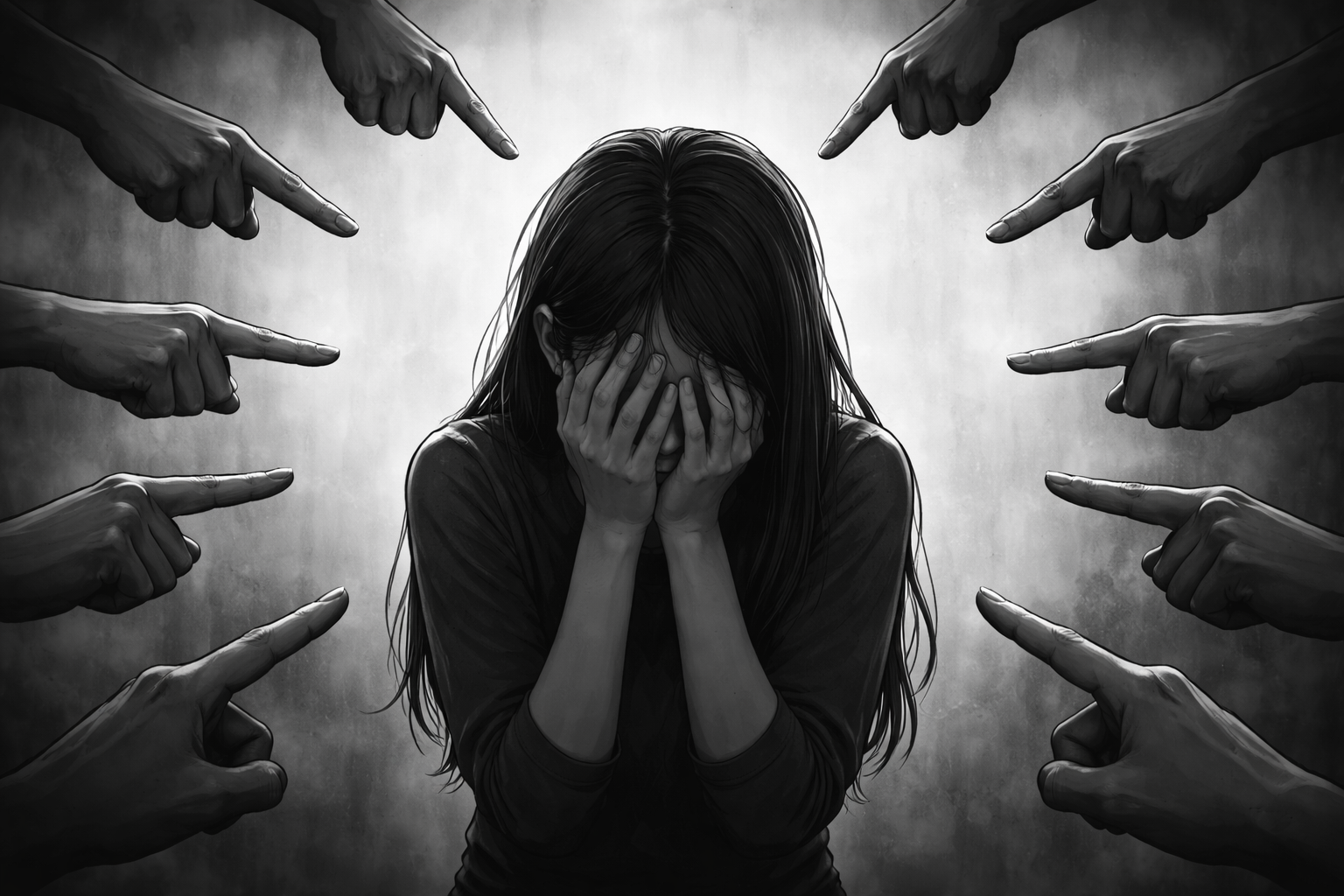 Black and white illustration of a crying girl being pointed at by hands, symbolizing bullying and social pressure.