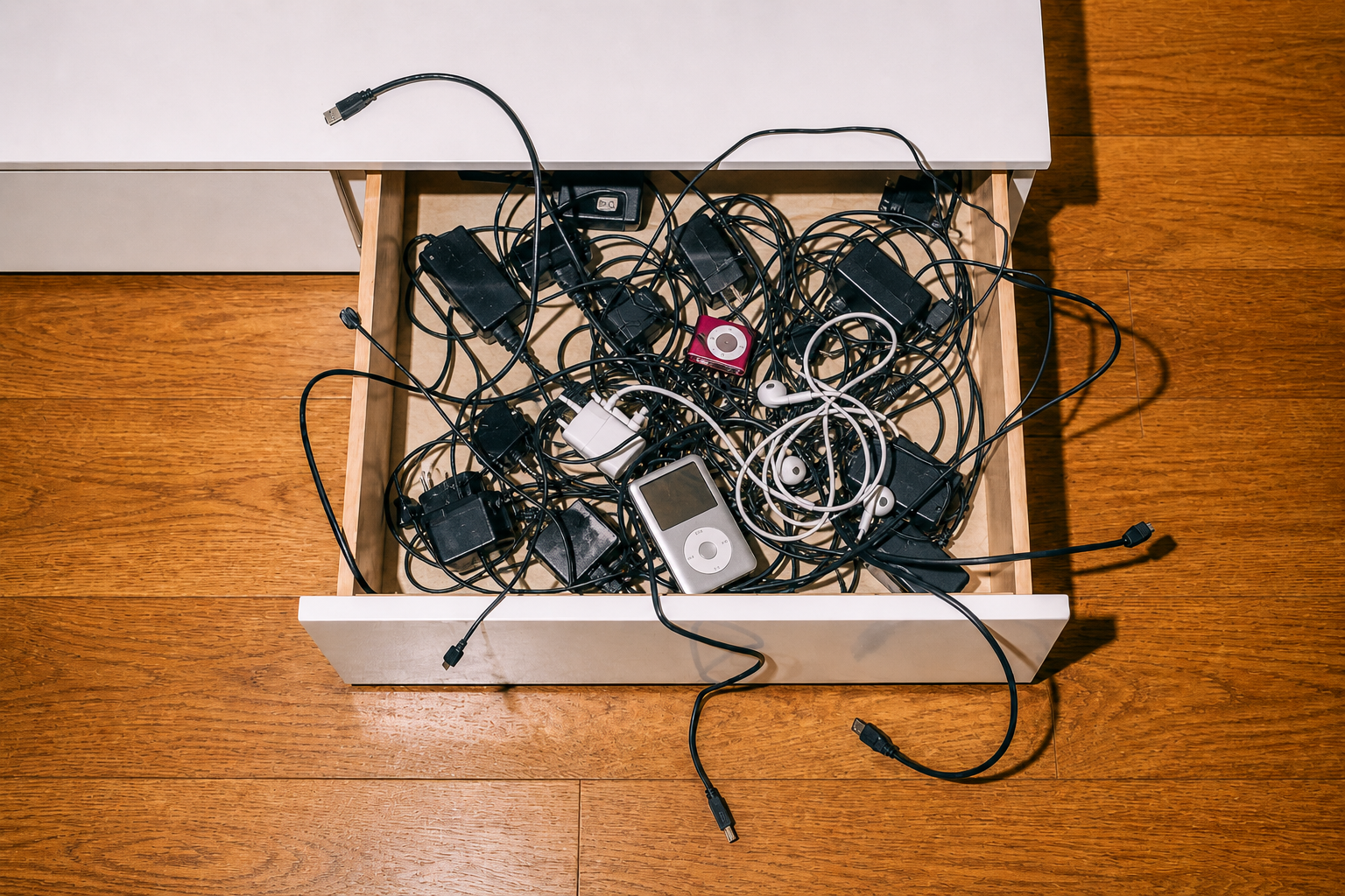 Tangled electronic cables and old gadgets stored in a cluttered white desk drawer.