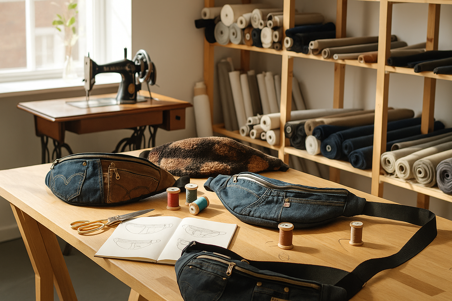 plusieurs sacs banane fait main fait main avec du jean recyclé posés sur une table dans un atelier