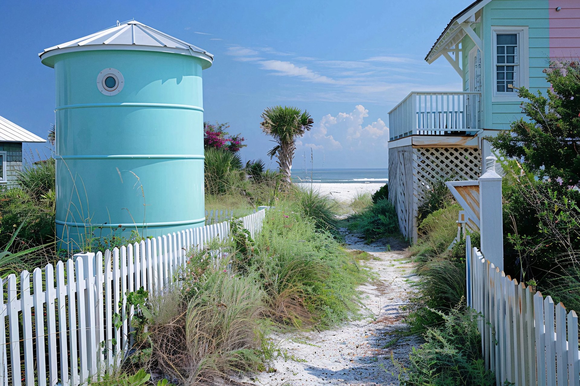 Sandy beach path lined with white picket fences leading to the ocean between colorful coastal cottages.