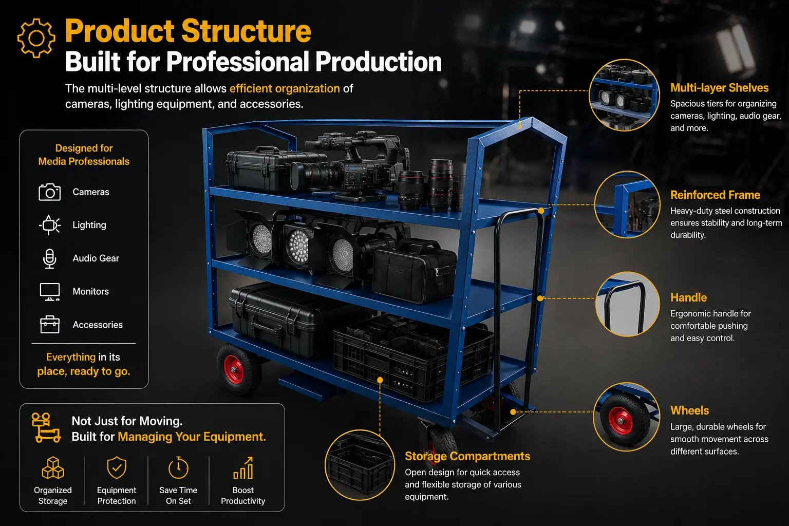 Heavy-duty blue production cart for professional equipment storage and film set organization.