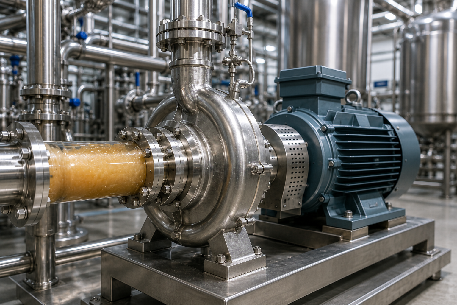 Industrial centrifugal pump and blue electric motor used in food grade manufacturing and liquid processing.