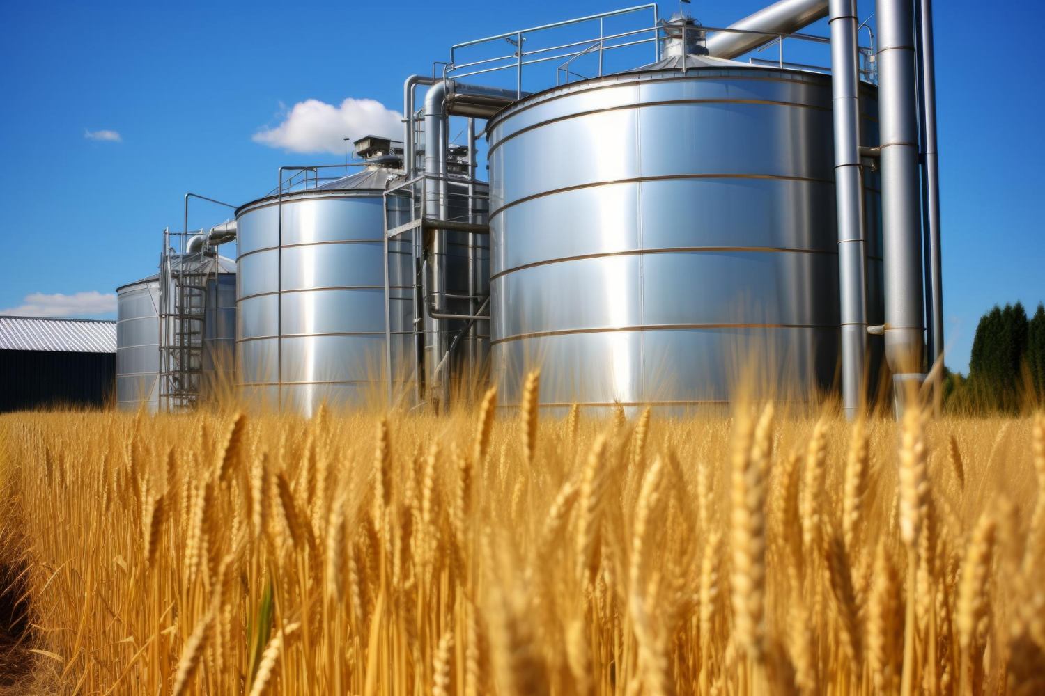 Large stainless steel grain storage silos standing in a golden wheat field under a blue sky.