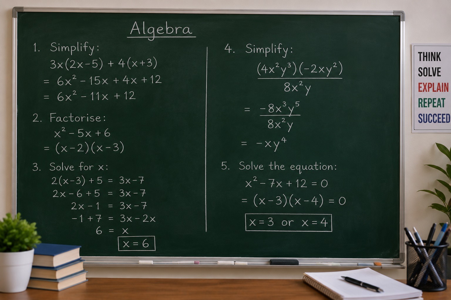 Algebraic equations and math formulas handwritten on a green chalkboard in a classroom.