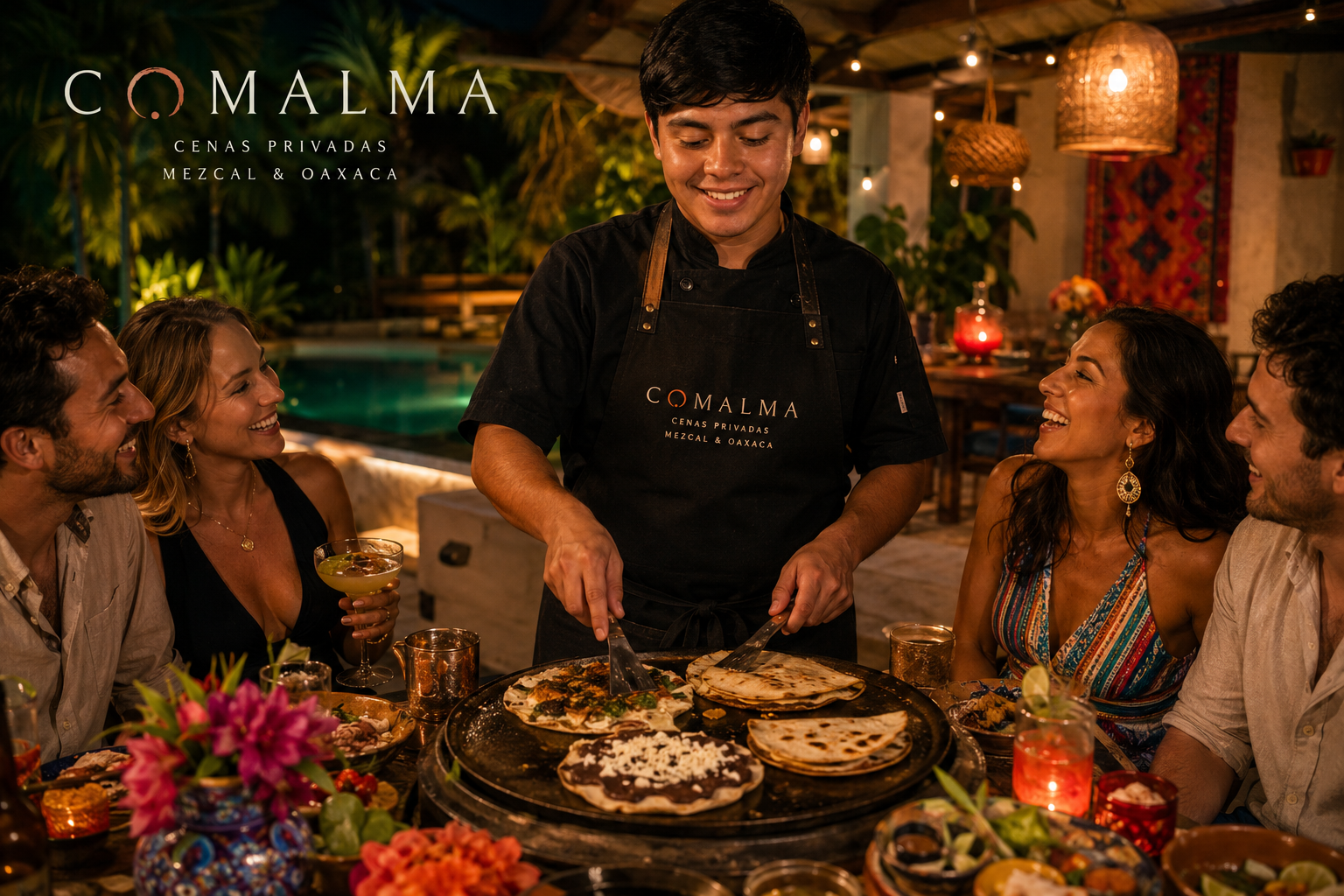 A smiling chef serving authentic Oaxacan tlayudas and mezcal at a Comalma private dinner in Mexico.