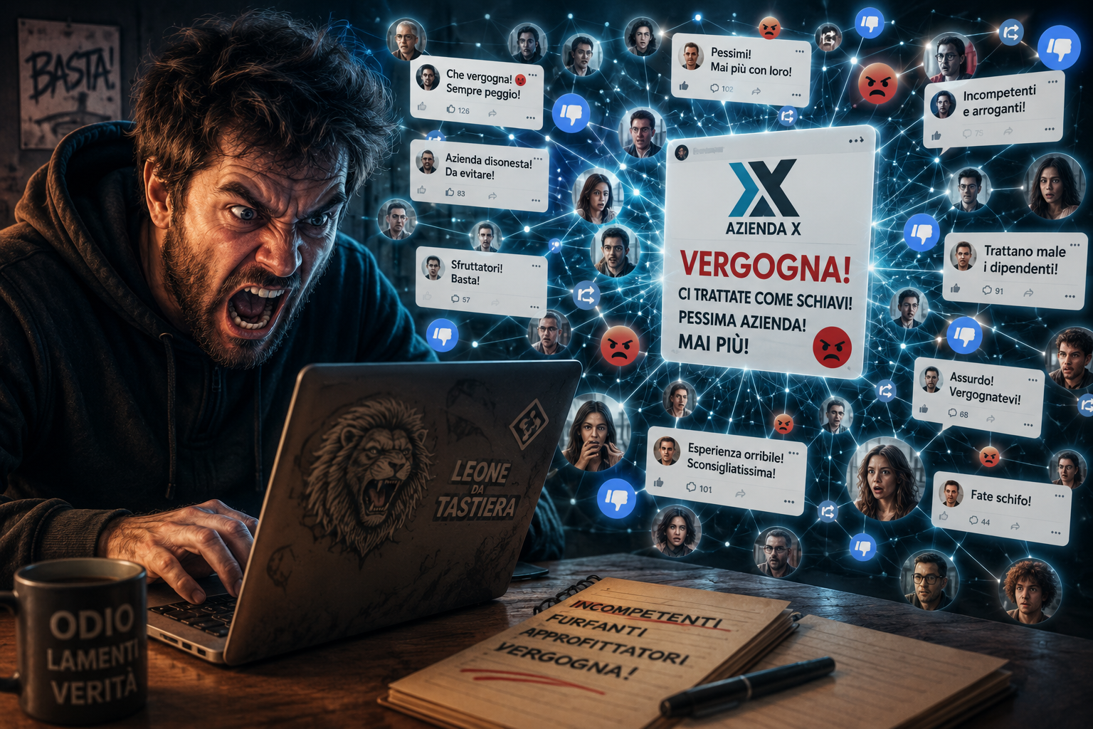 Angry man shouting at a laptop during a viral social media hate campaign against a company.