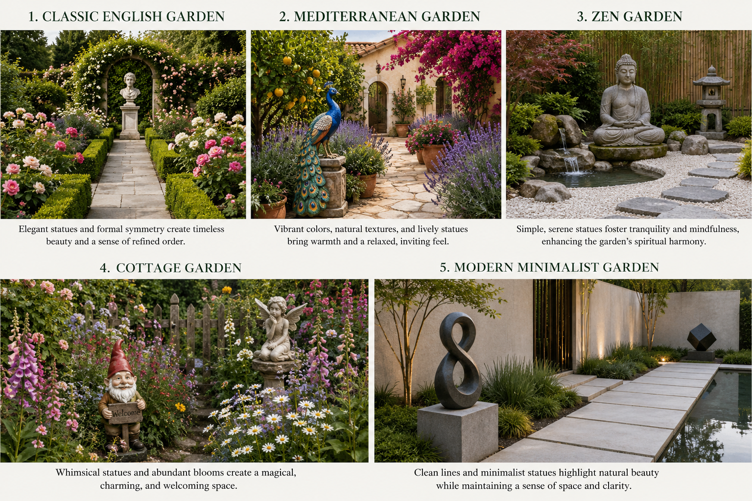 Comparison of five garden styles including English, Mediterranean, Zen, Cottage, and Modern Minimalist landscapes.