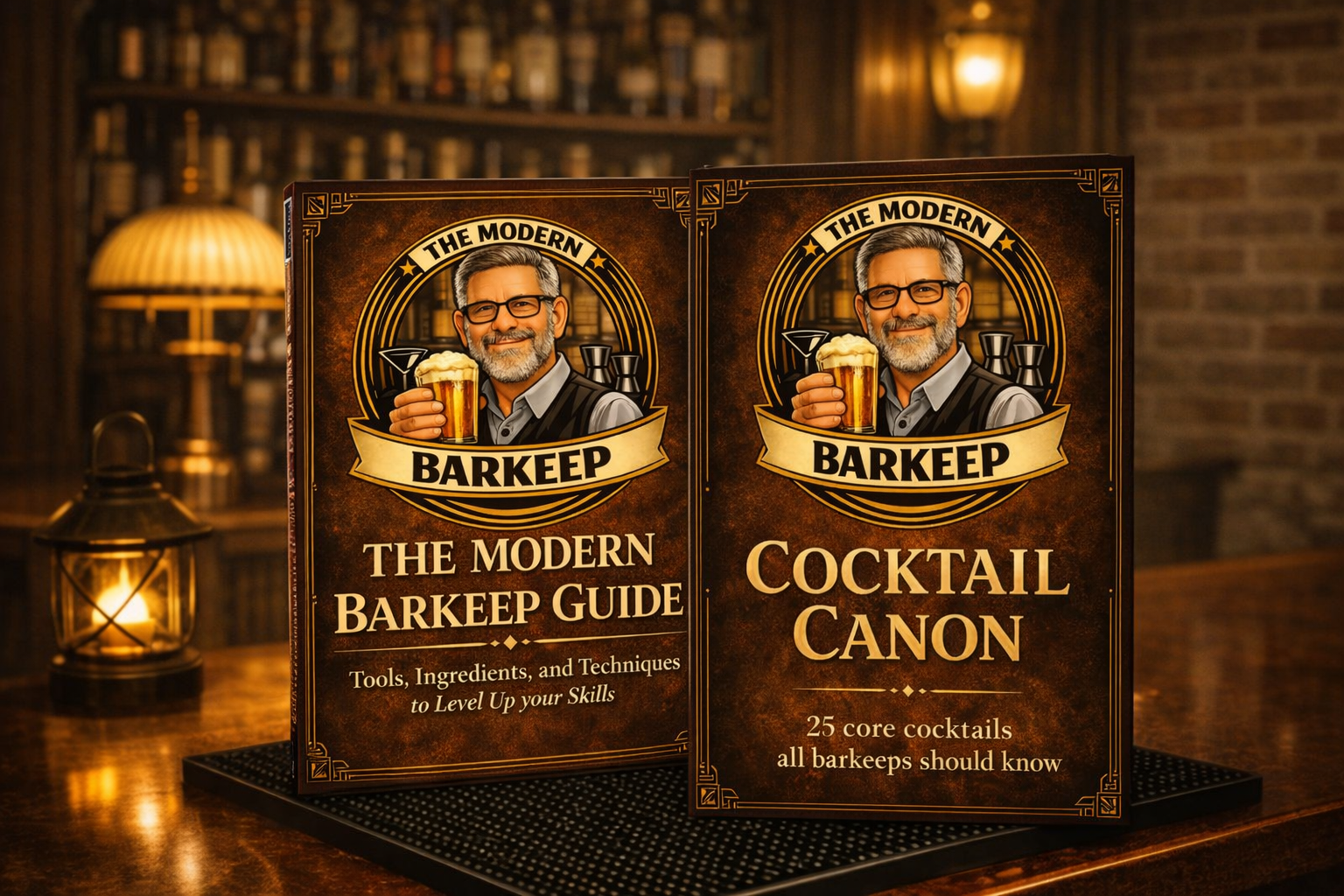 The Modern Barkeep Guide and Cocktail Canon books displayed on a bar top with vintage lighting.