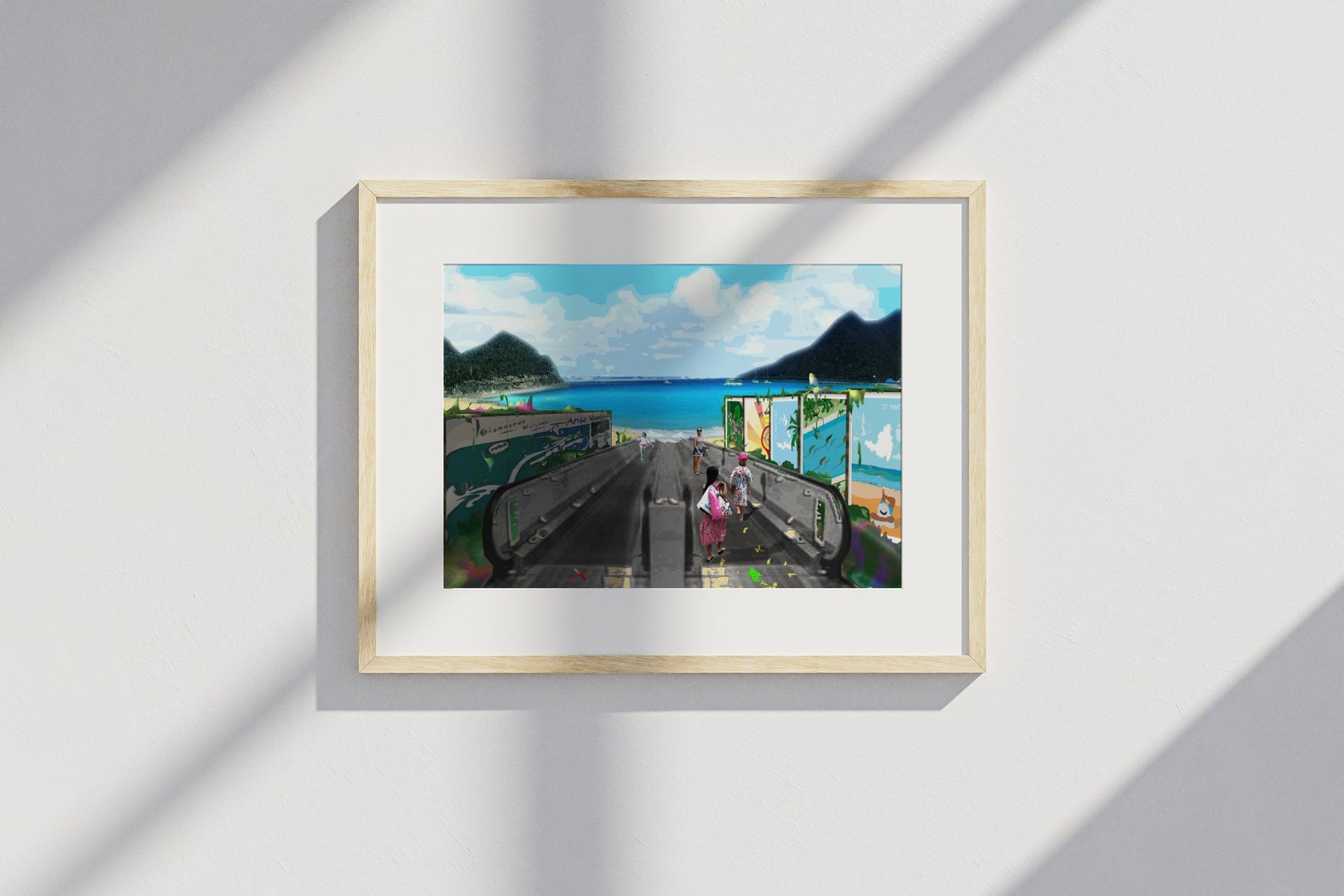 Framed print of Anse Marcel escalator scene with beach view