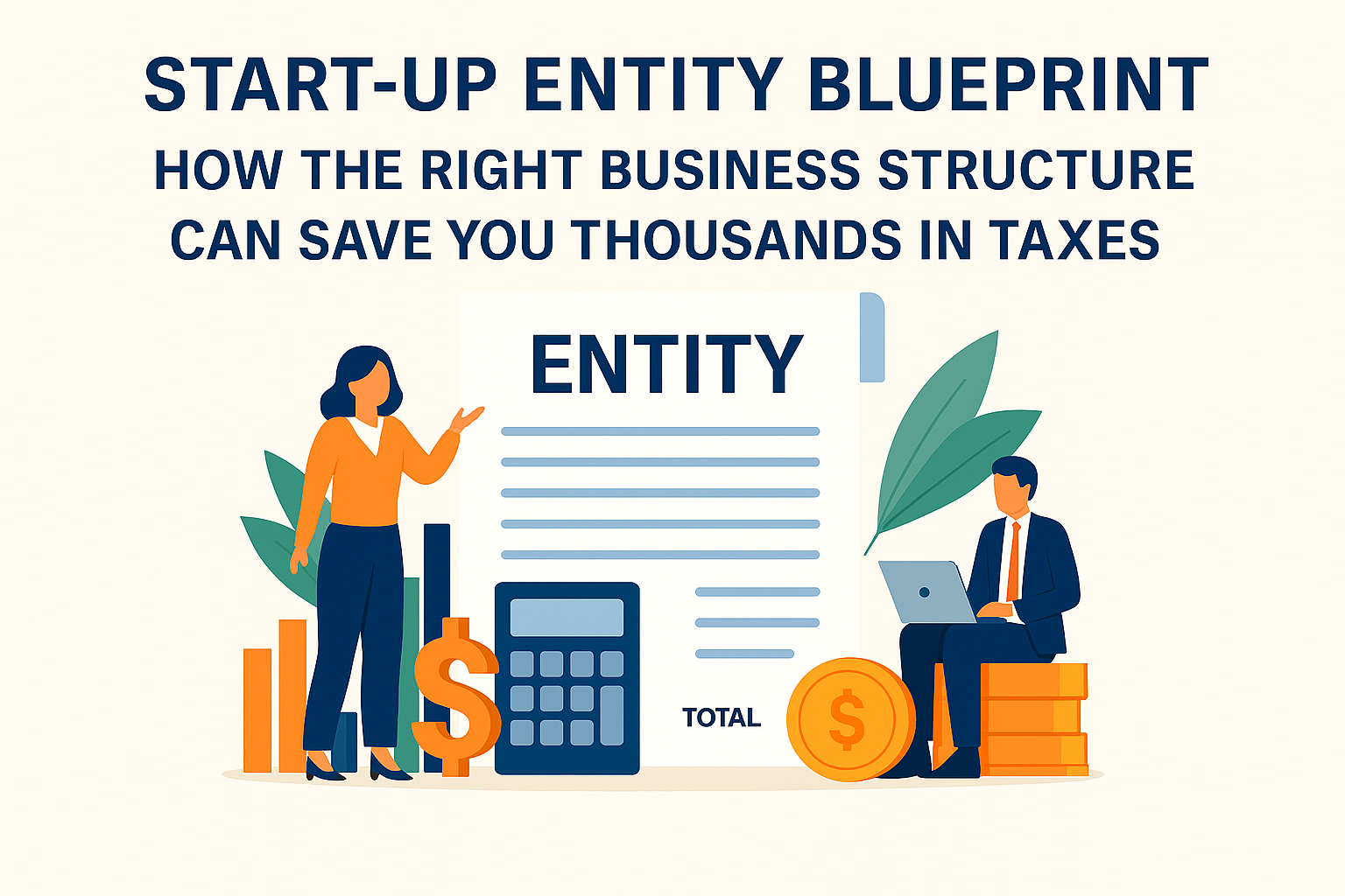 Business entity document with financial icons and professionals representing tax planning