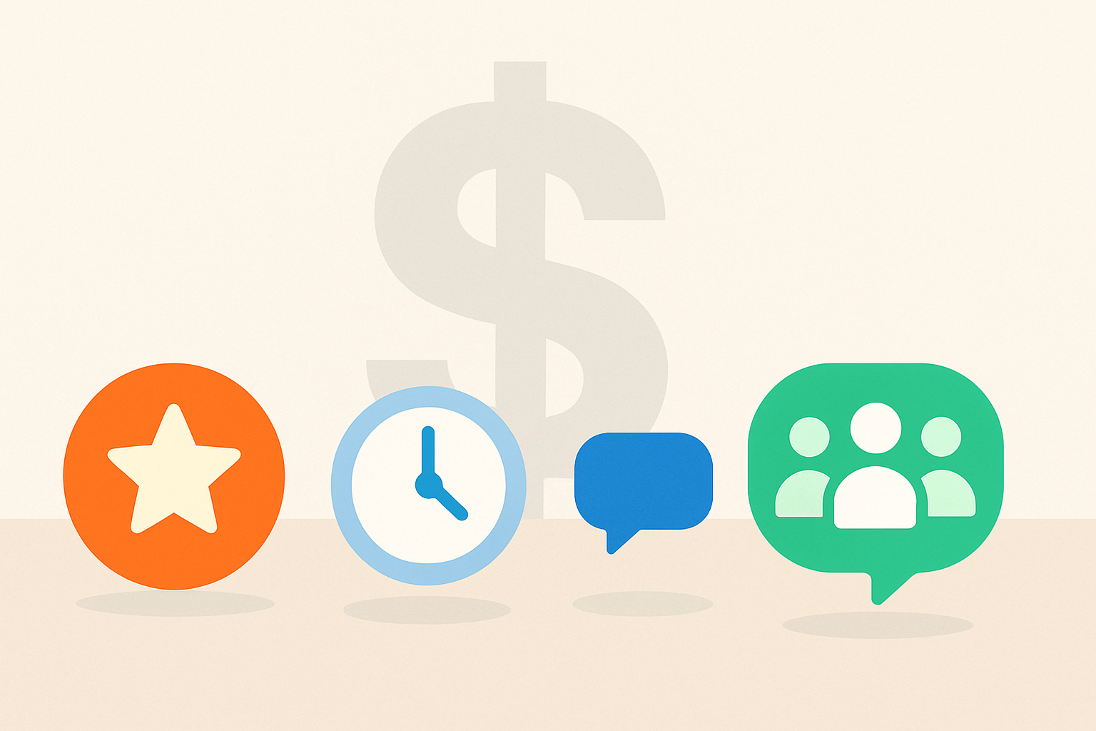 Ilustración minimalista con un gran signo de dólar difuminado en el fondo y cuatro íconos coloridos