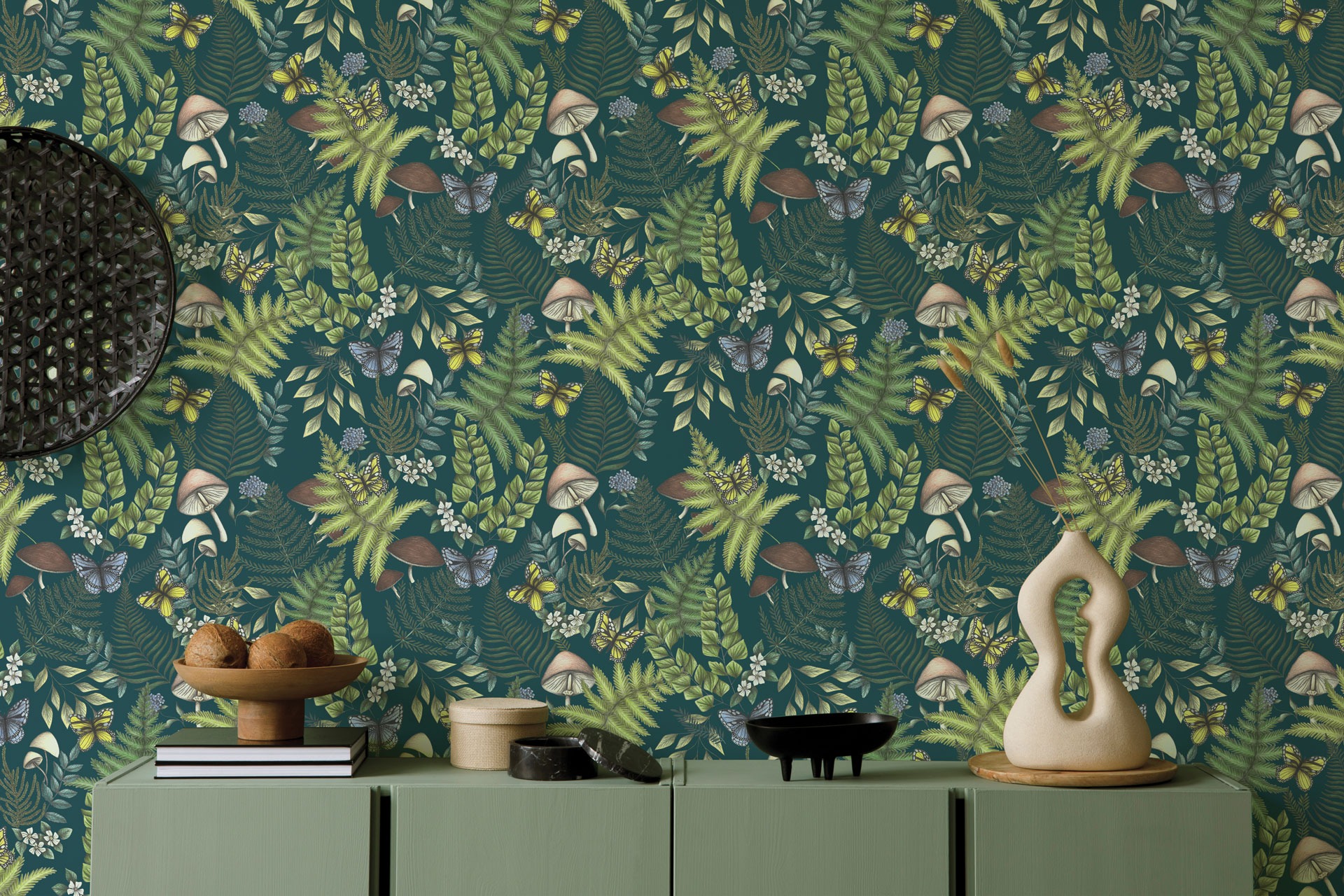 Living Room with a ferns wallpaper