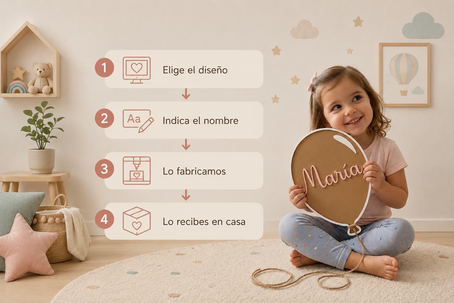 A young girl holding a personalized wooden balloon plaque with the name Maria in a nursery setting.