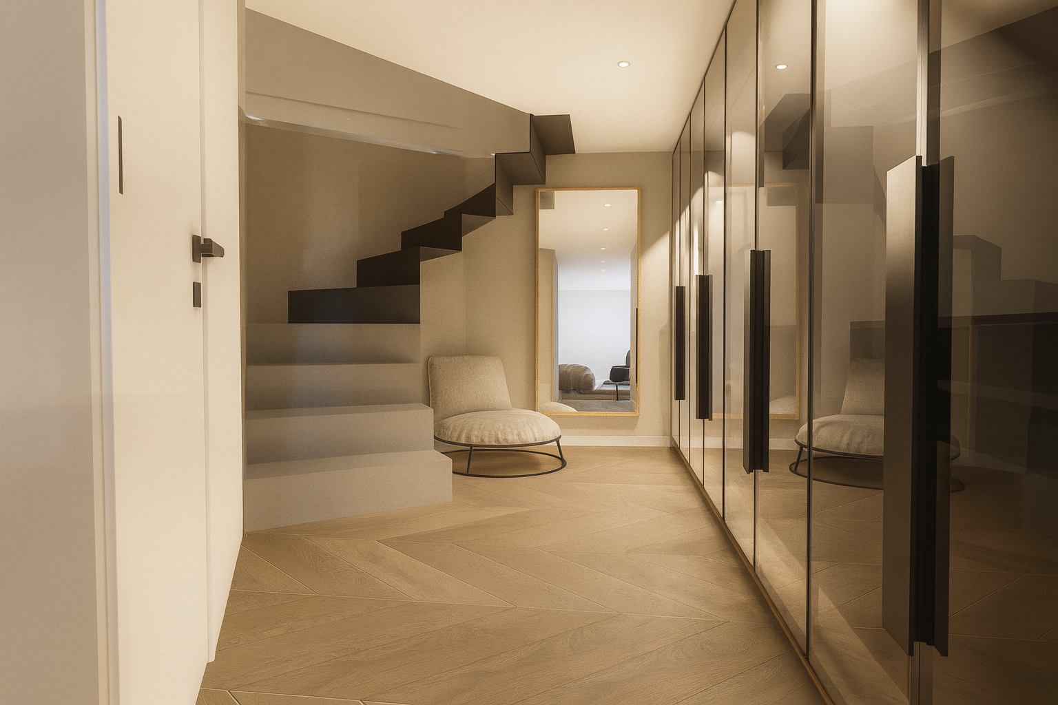 Escalier moderne conçu par 1161 Studio à Alger, avec garde-corps en verre, finitions beiges et éclai