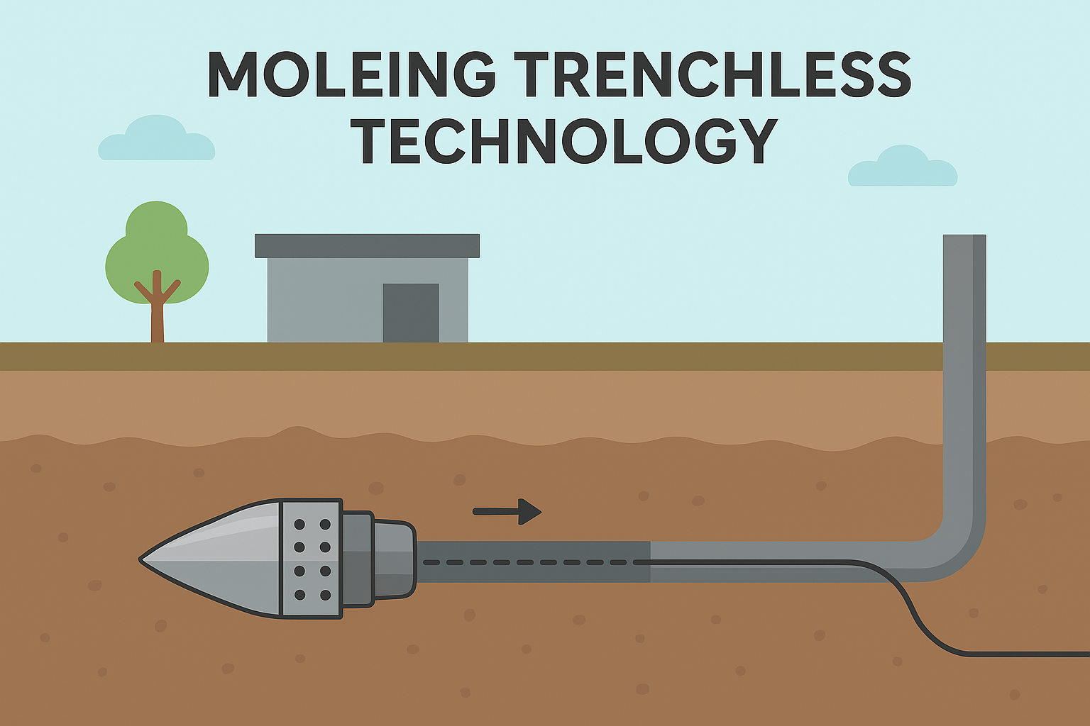 Diagram showing moleing trenchless technology for underground pipe installation without excavation.