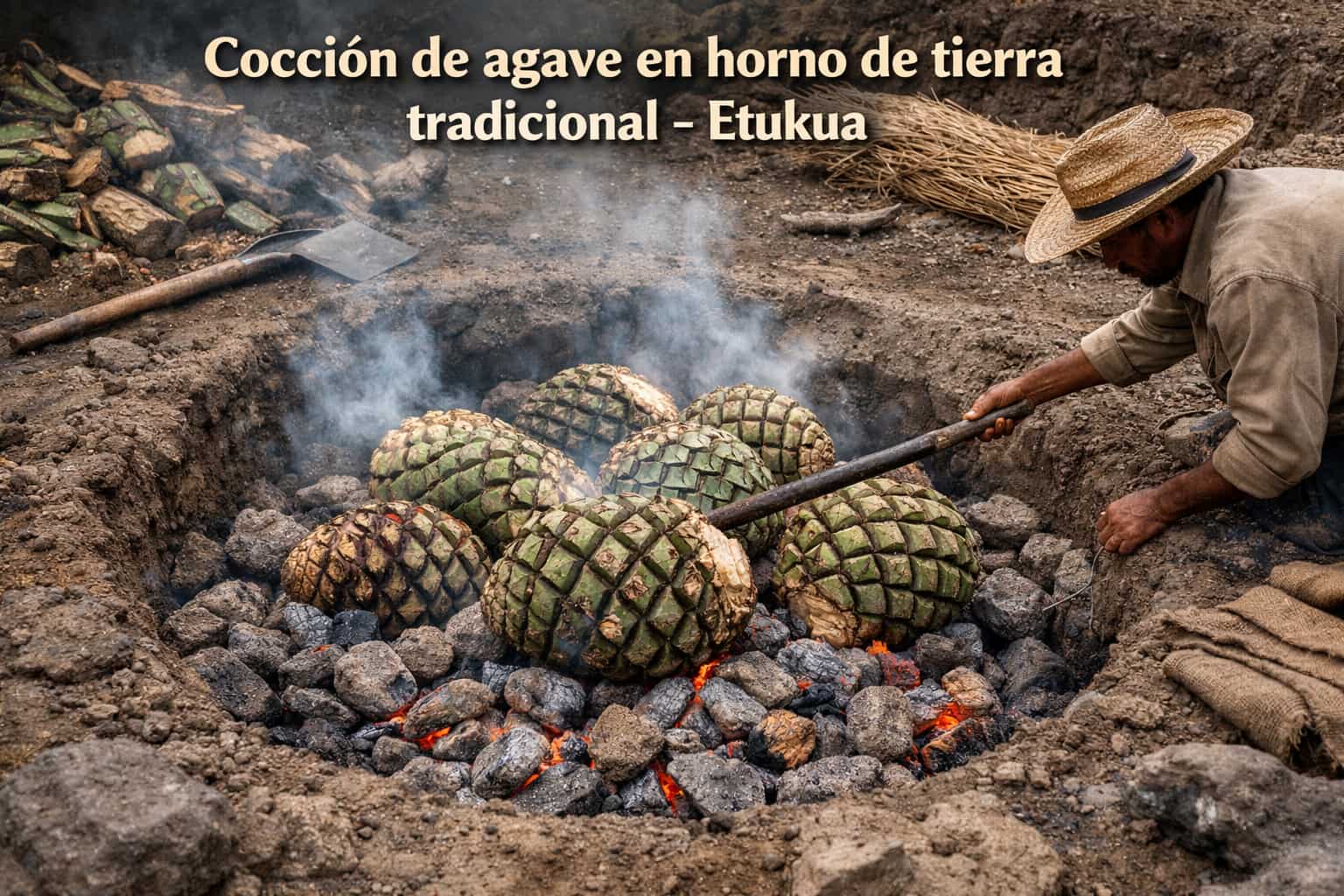  Hoyo de tierra con piedras calientes y piñas de agave siendo colocadas para su cocción lenta.