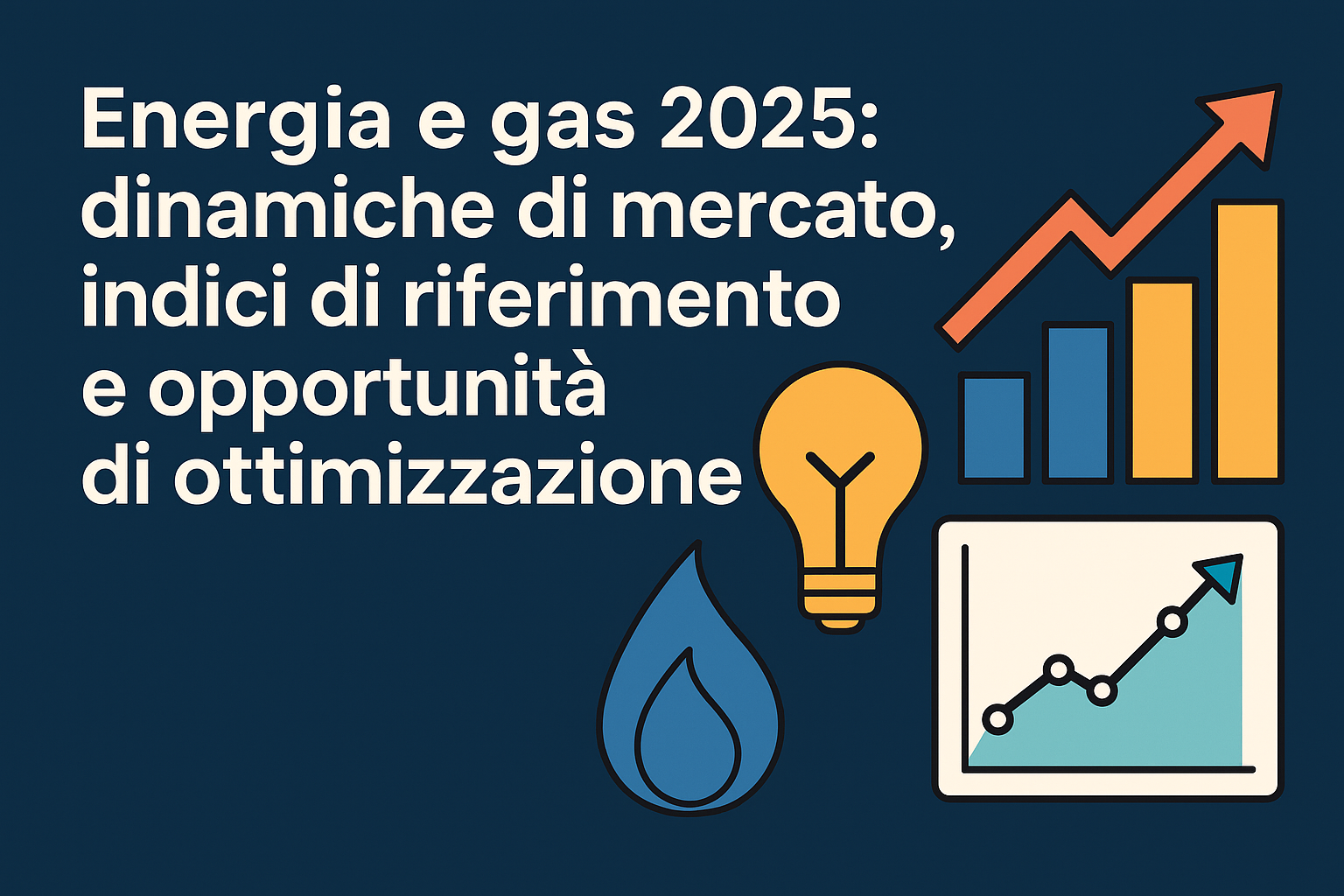 Grafica flat blu con testo e icone di lampadina, goccia gas e grafici.