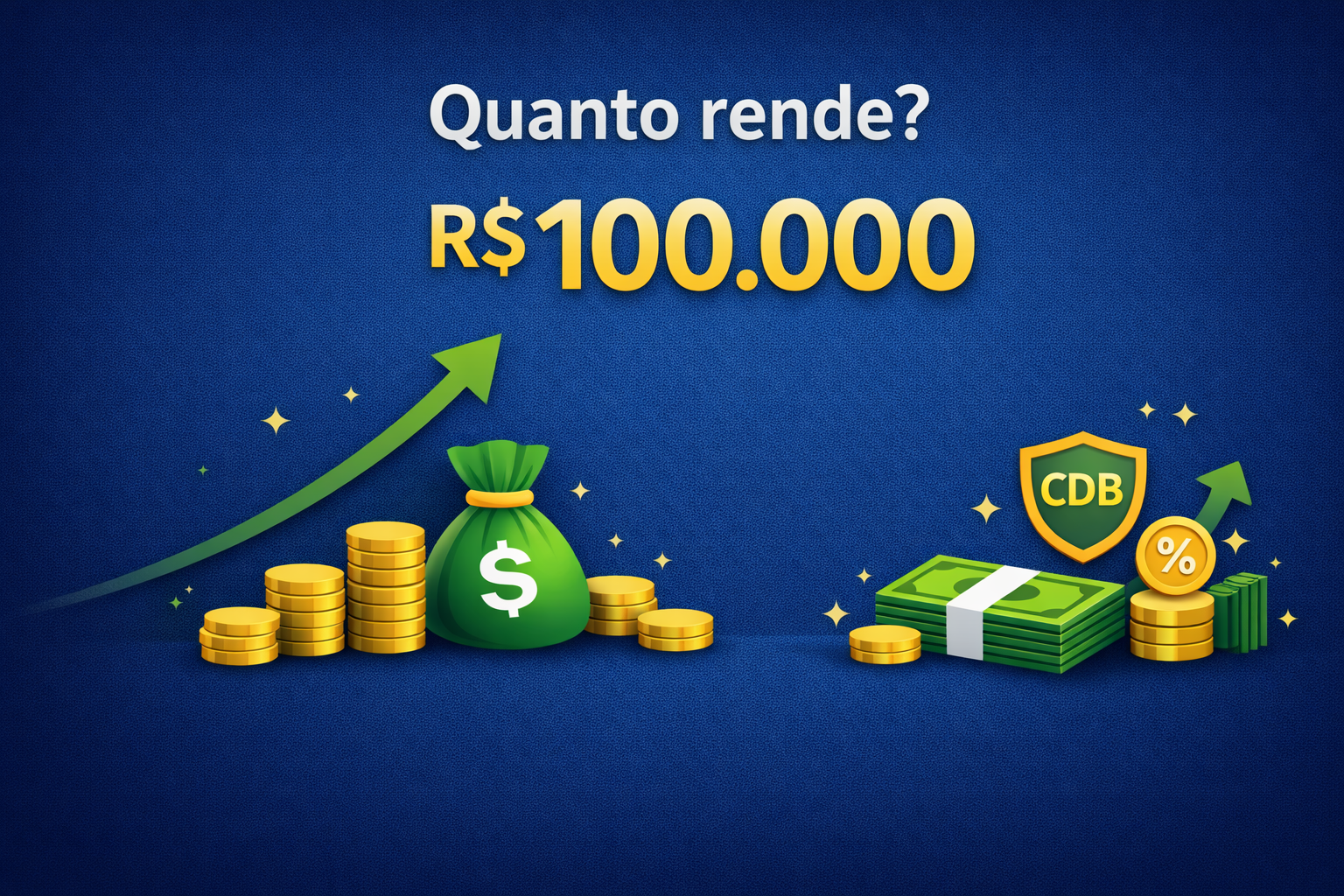 CDB investment growth illustration showing coins, cash, and 100 thousand Reais yield potential.